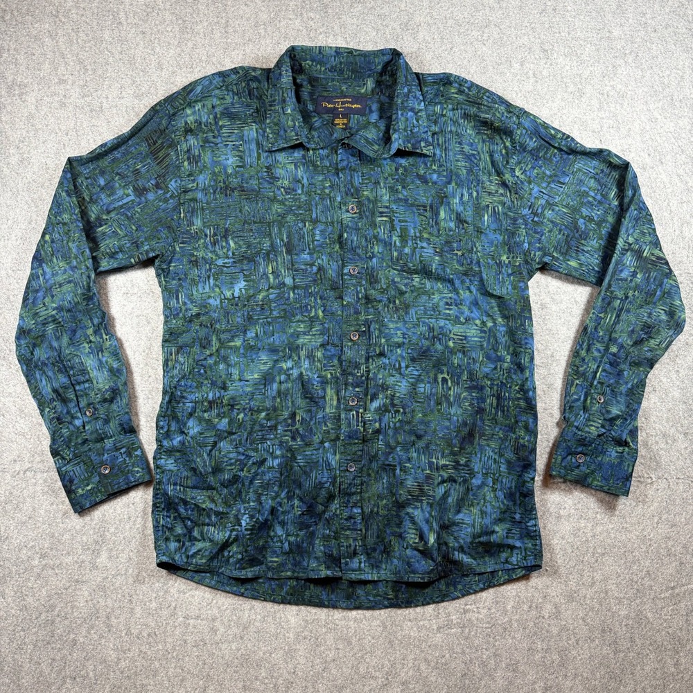 Pete Huntington Mens L Bali Handcrafted Batik Long Sleeve Button Up Shirt Blue